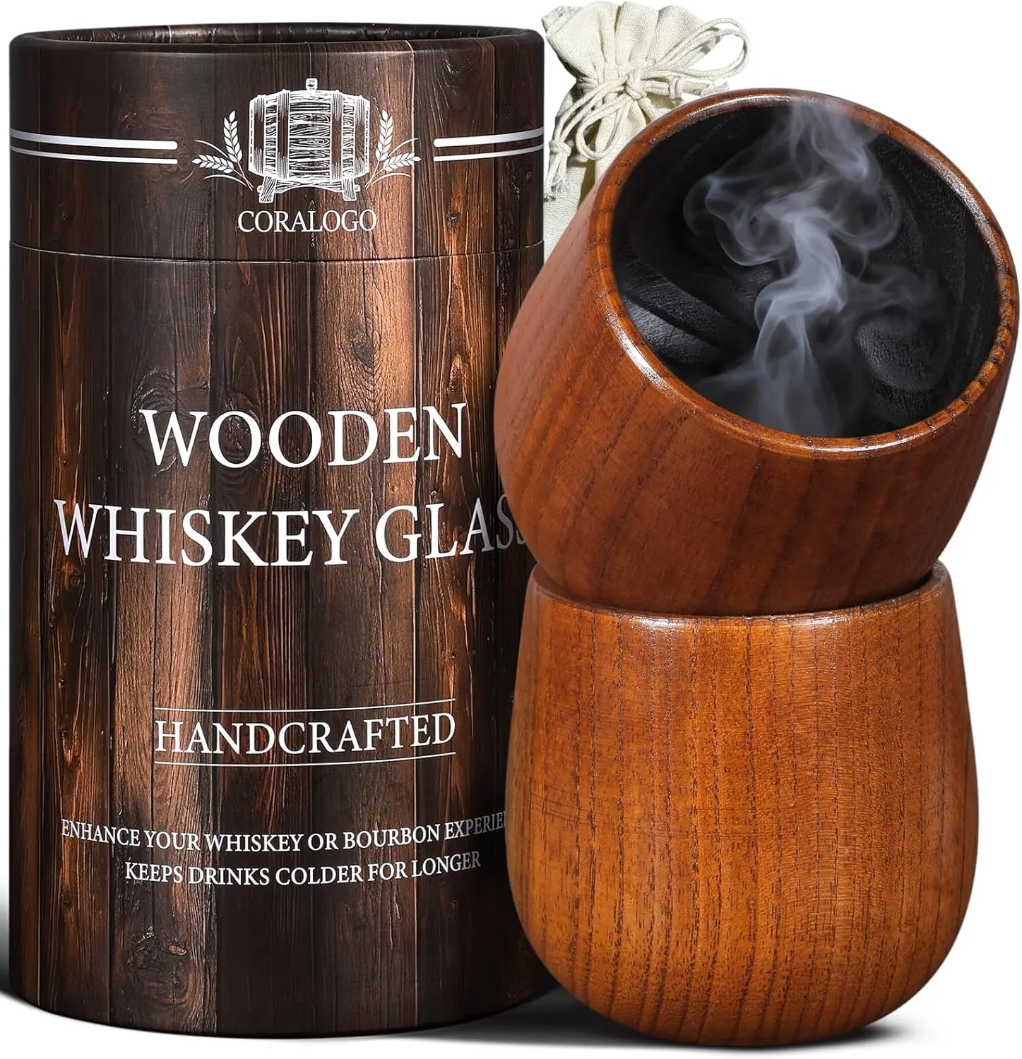 Coralogo Handcrafted Wooden Cups Set – Charred Wooden Cups with Barrel-Design Gift Box, Elegant and Durable Gift for Men, Dad, Husband, Father’s Day or Everyday Use