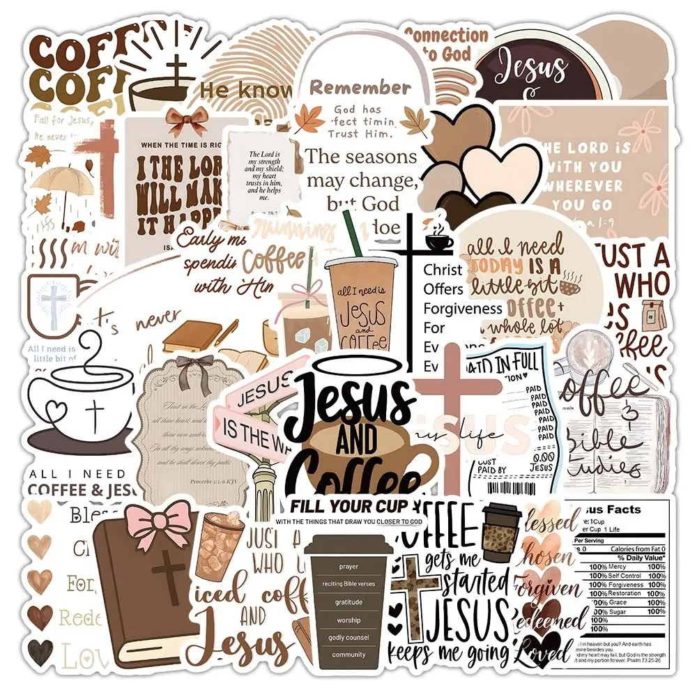 50 Jesus Coffee Stickers Waterproof Vinyl Decals Motivational Unique Versatile Durable for Water Bottles Books Laptops Bicycles Suitcases Cups Phones Smartphone Encouragement Stickers