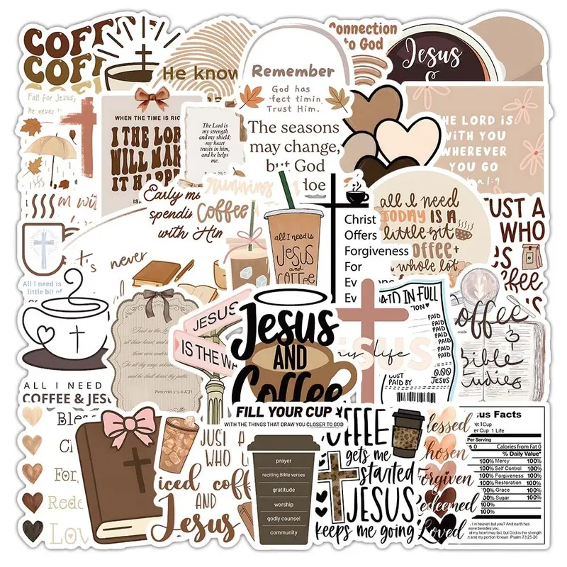 50 Jesus Coffee Waterproof Vinyl Stickers, Motivational Encouragement Decals for Water Bottles, Books, Laptops, Bicycles, Suitcases, Cups & Phones