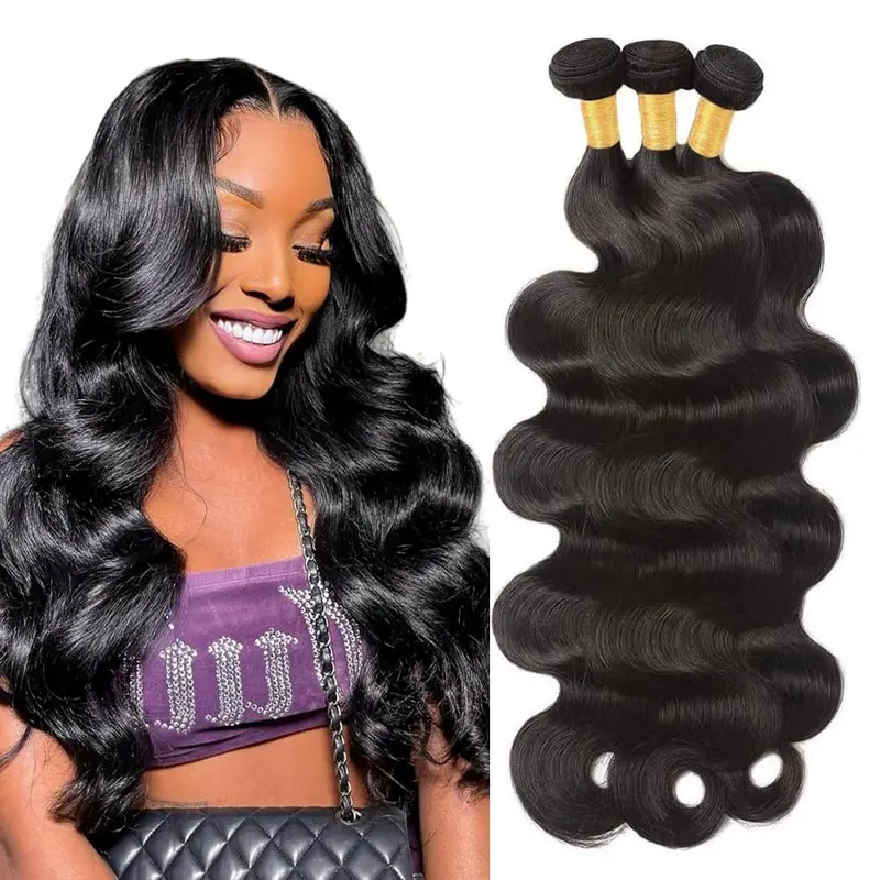 Women's 12A Unprocessed Brazilian Virgin Raw Hair Bundles - 3-Piece Body Wave Weave Extensions, Double Weft, 100g+/-5g (3.3-3.5oz), Natural Black, Bouncy Shiny Soft, Easy to Care, Human Hair Bundles