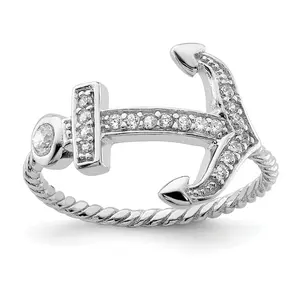 Sterling Silver Rhodium-Plated Polished and Textured Cubic Zirconi Anchor Ring