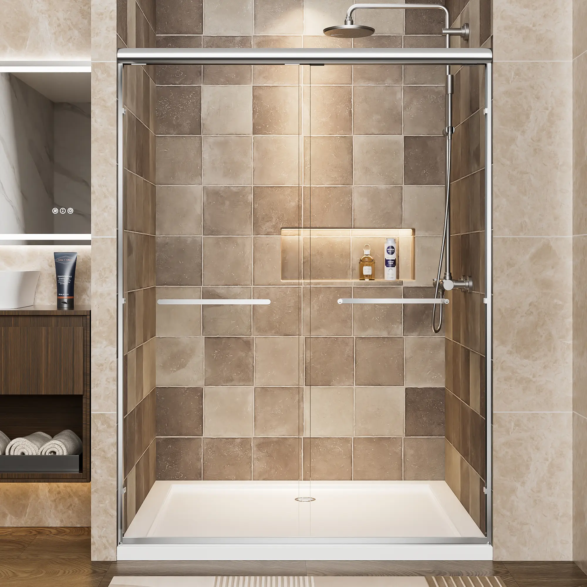 50"-54" W x 72" H Matte Black Aluminum Frame Double Sliding Shower Door, Adjustable Width Bypass Shower Door with 1/4" (6mm) Clear Tempered Glass & Explosion-Proof Film, Dual Stainless Steel Handles, Rustproof Sliding Bathroom Enclosure