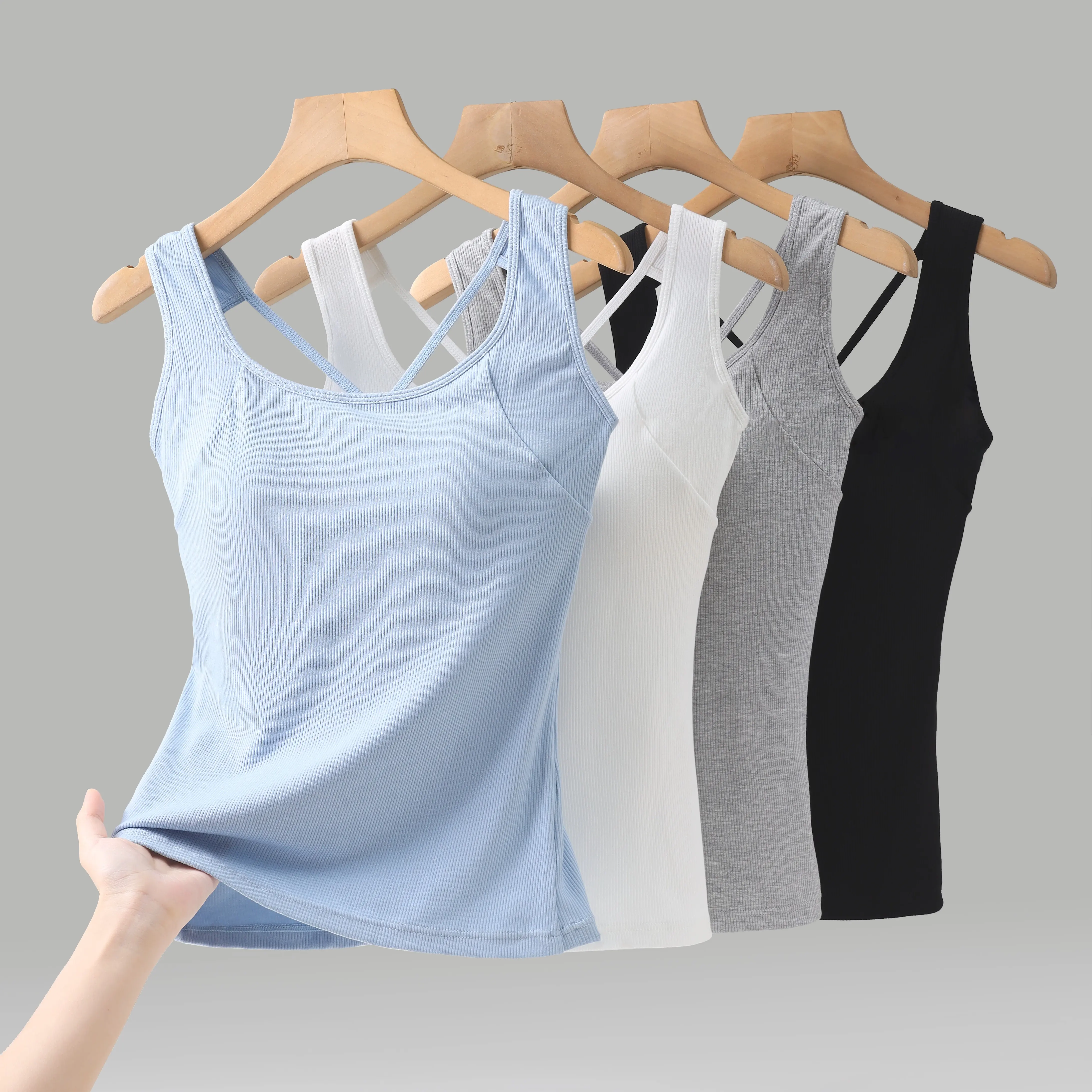 EssElegance Women's Minimalist Sleeveless Ribbed Viscose-Elastane Activewear Tank Top - Built-in Padded Bra, Strappy Sporty Chic Criss Cross Back, Scoop Neck, Slim Fit, Casual Comfort for Gym, Yoga, Valentines Day, All Seasons, Cold Hand Wash, Denim, Basi