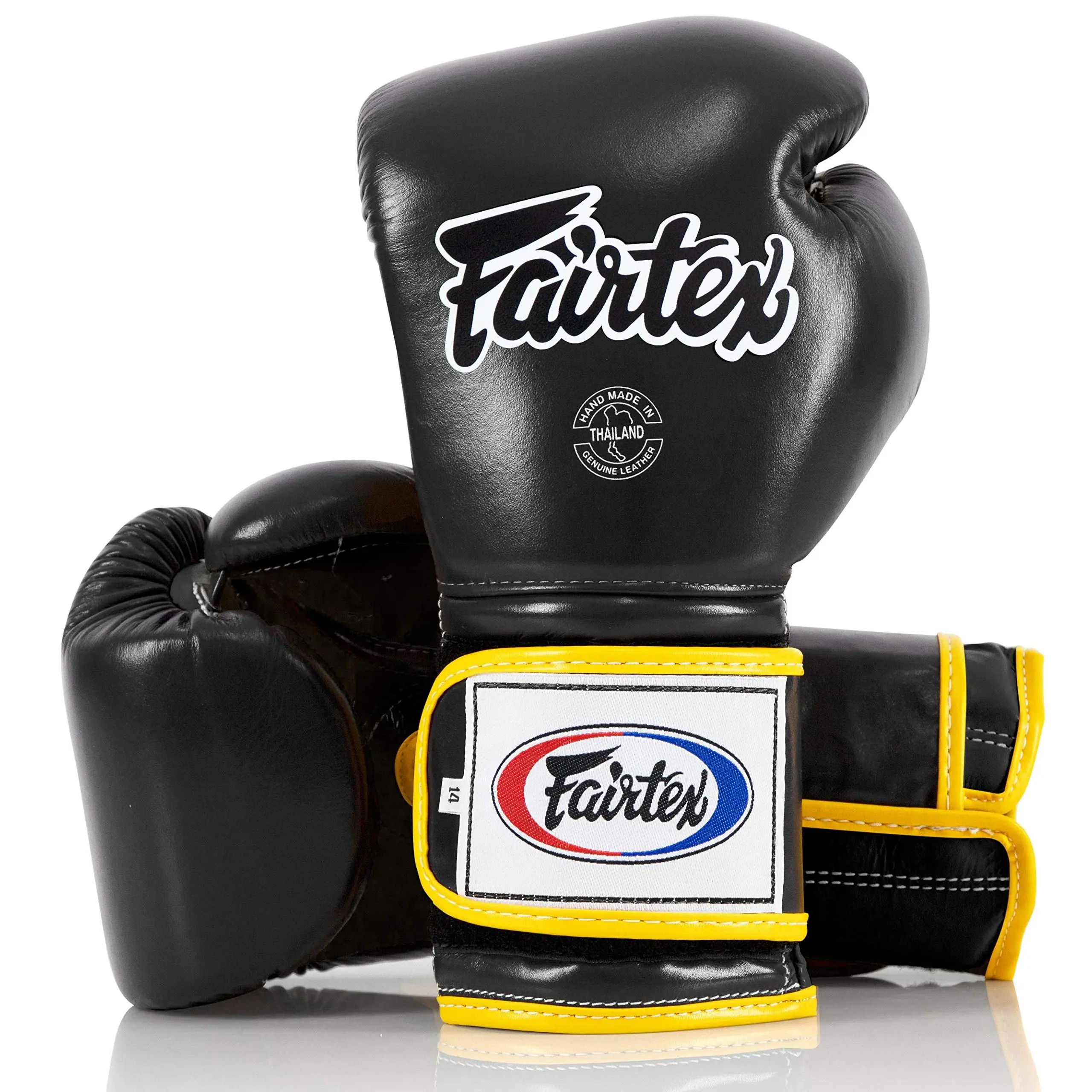 Fairtex BGV9 Mexican Style Muay Thai Boxing Gloves - Black with Yellow Piping, Heavy Hitter, Boxing Gloves for Muay Thai, Boxing Training Equipment