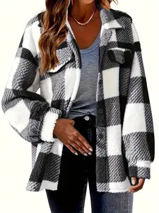 Cozy Plaid Polyester Knit Teddy Jacket - Women's Casual Outerwear - Lapel Collar, Button Front, and Pockets for Fall/Winter