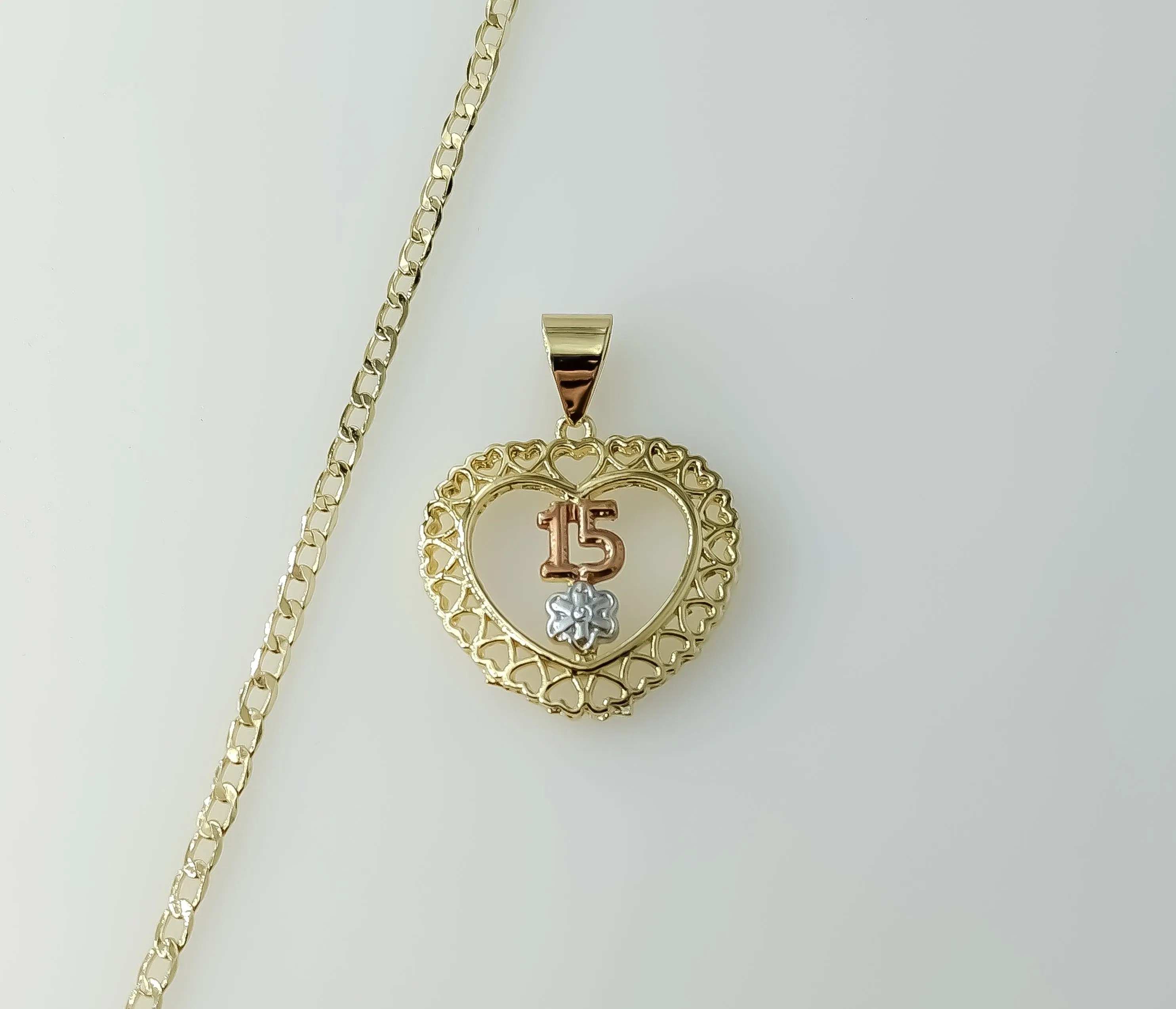 Plated Tri-Color Heart "My 15" Quince 14K 3mm Cuban Chain Necklace