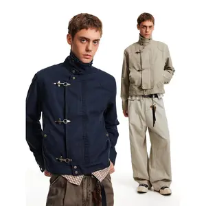 Vintage High-End Airplane Buckle Design Stand Collar Jacket for Men and Women, Stylish High Street Short Wide Workwear Coat