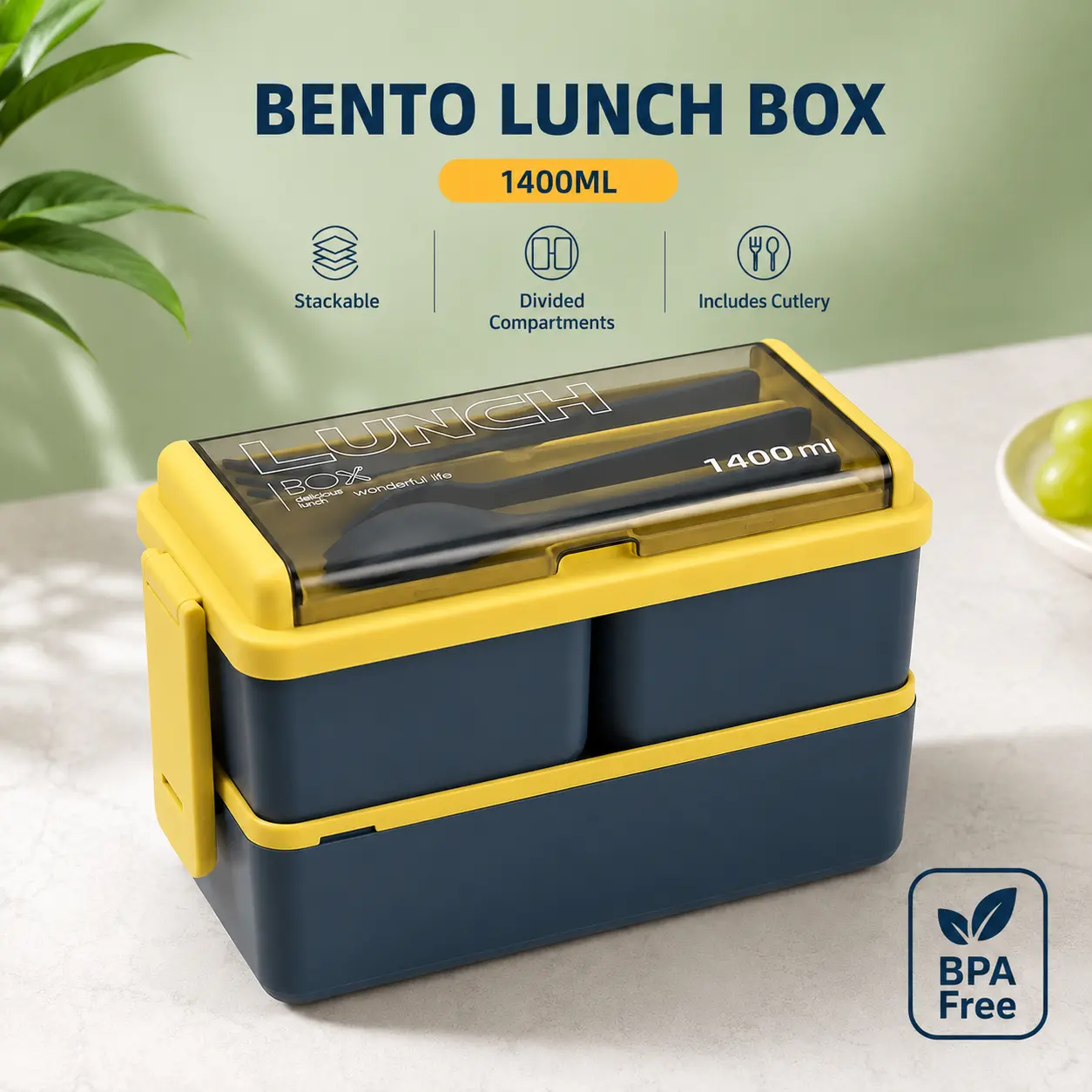 MIUVA Blue Adult Bento Box - 1400ml 2-Layer Stackable Meal Planning Container with 3 Compartments, Spoon & Fork, Microwave/Dishwasher/Freezer Safe for Work & Picnic