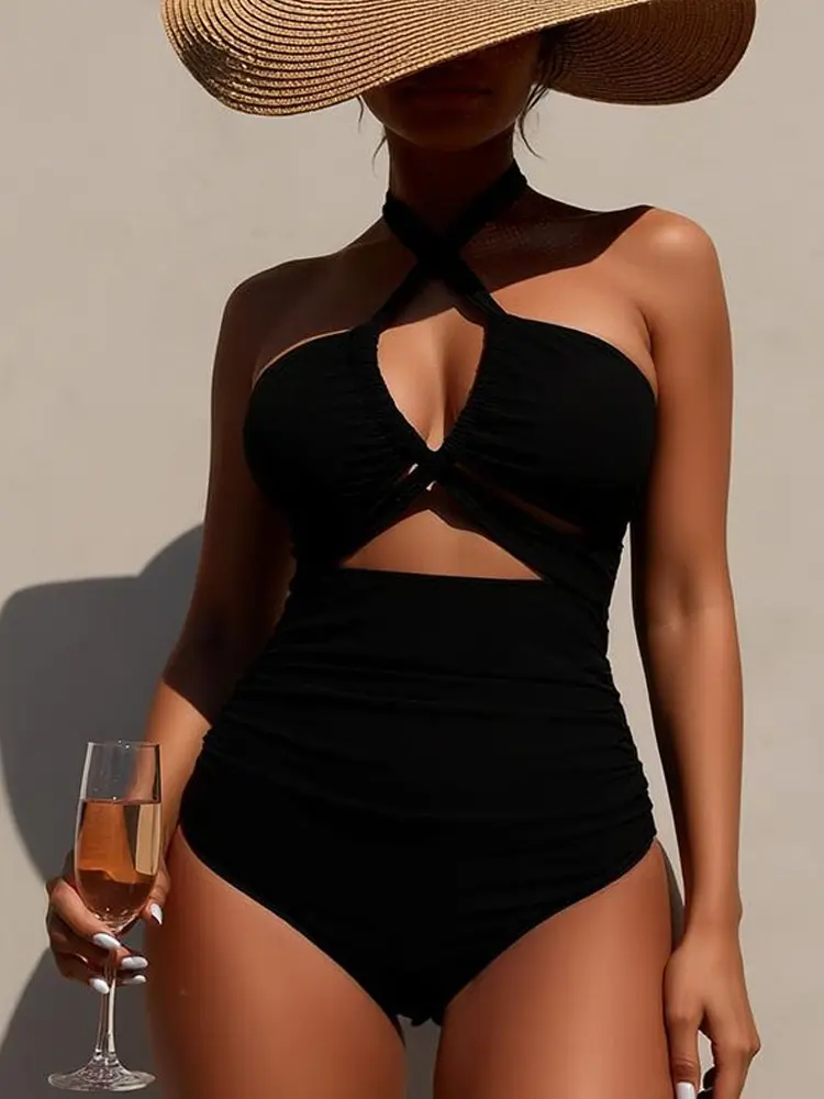 Women's Polyamide Blend Solid Tone Halter Cutout High Waist Tummy Control 1-Piece Swimsuit, Bathing Suit for Vacation, Resort Use Beach Fashion Swimsuit Beachwear Swimsuits Black Bathing Suit Bathingsuit Casual Summer Swimwear