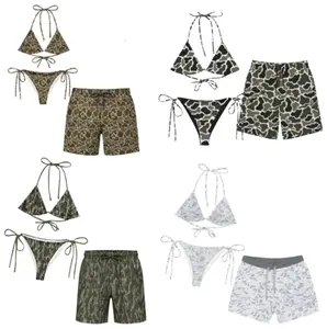 Bundle Camouflage Matching Couple Swimsuit Set, Women's Bikini Sets Two Piece Swimsuit with Mesh Short, Camo Hunting Camo Matching Bikini Sets, Summer Beach Vacation Outfit for Him and Her, Gift for Him and Her