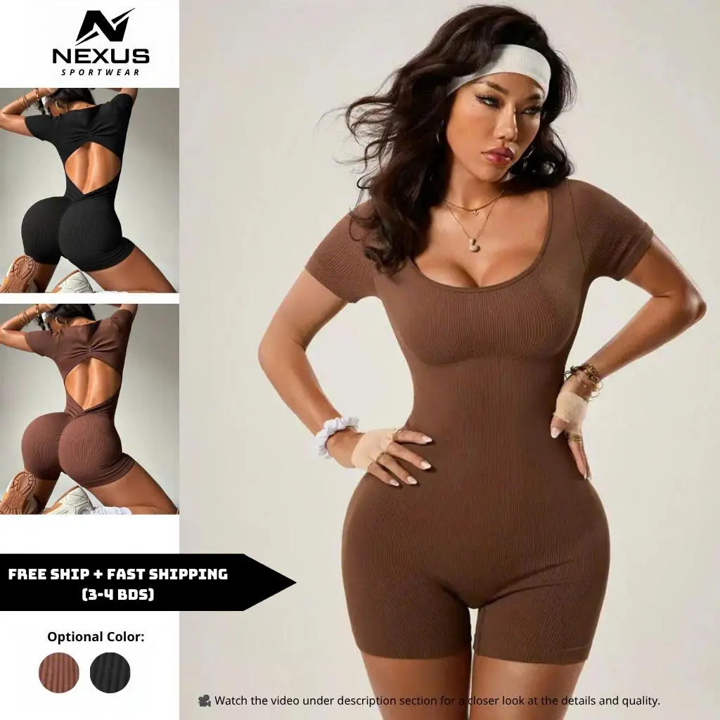 NEXUS Women's High-Waisted Seamless Scrunch Butt Romper, Backless Ribbed 1-Piece Sports Jumpsuit for Gym, Yoga Fitness Bodysuit campingessentials