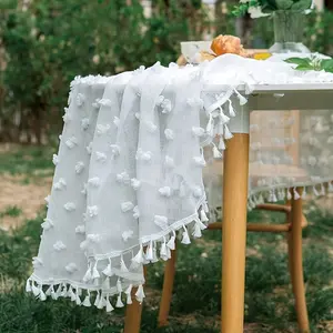 1pc Vintage Lace Tablecloth with Fringe, Velvet Ball Decor, Ideal for Daily Parties, Outdoor Weddings, Graduations, Garden Cafes