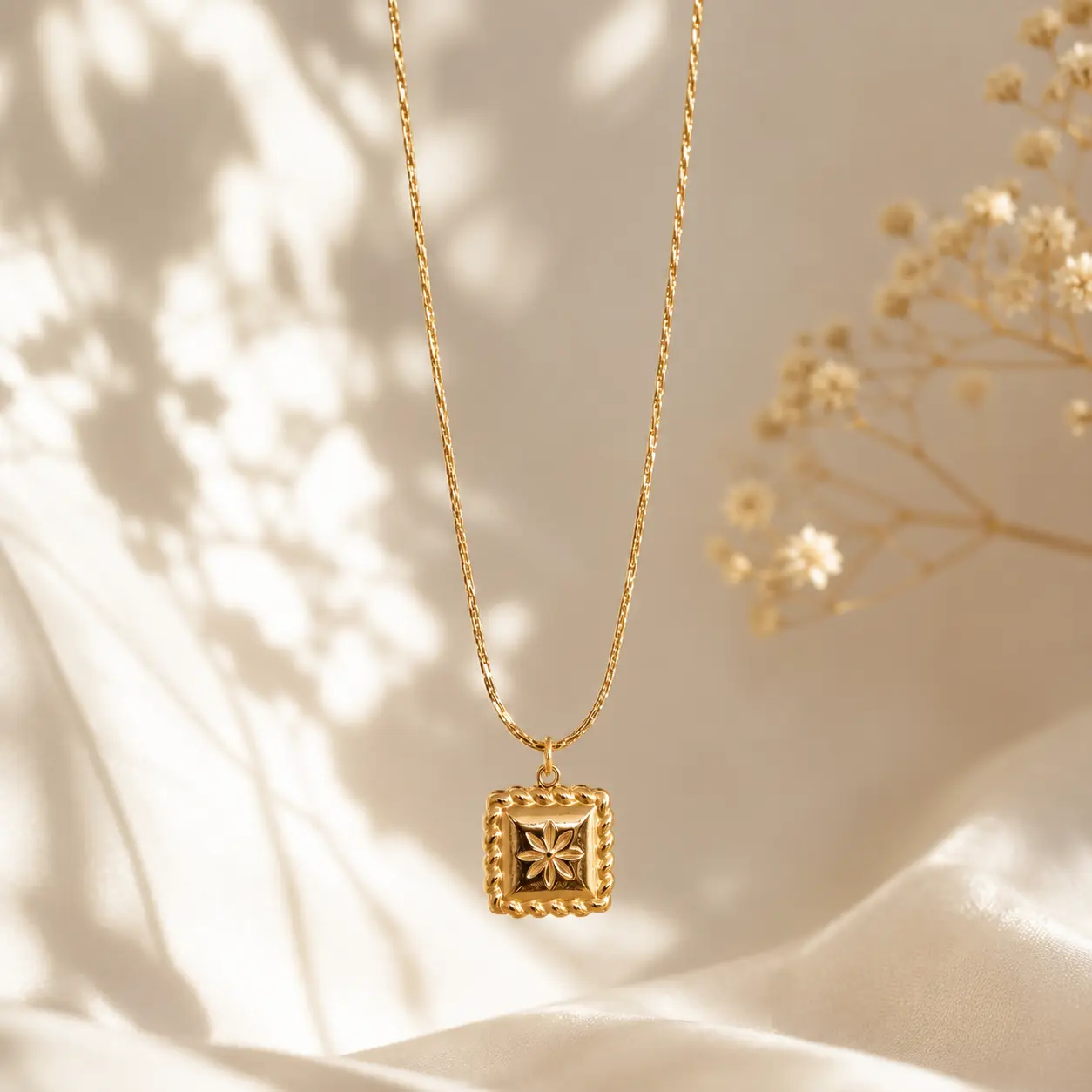 18K Gold Plated Engraved Star Square Pendant Necklace,Waterproof Tarnish Resistant Adjustable Chain Gift for Her