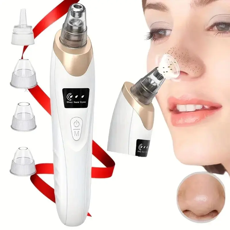 Rose Gold USB-Rechargeable Vacuum Pore Extractor, Blackhead & Blemish Remover with 3 Adjustable Modes, 5 Replaceable Suction Heads – Ideal Mother's Day Gift for Men & Women