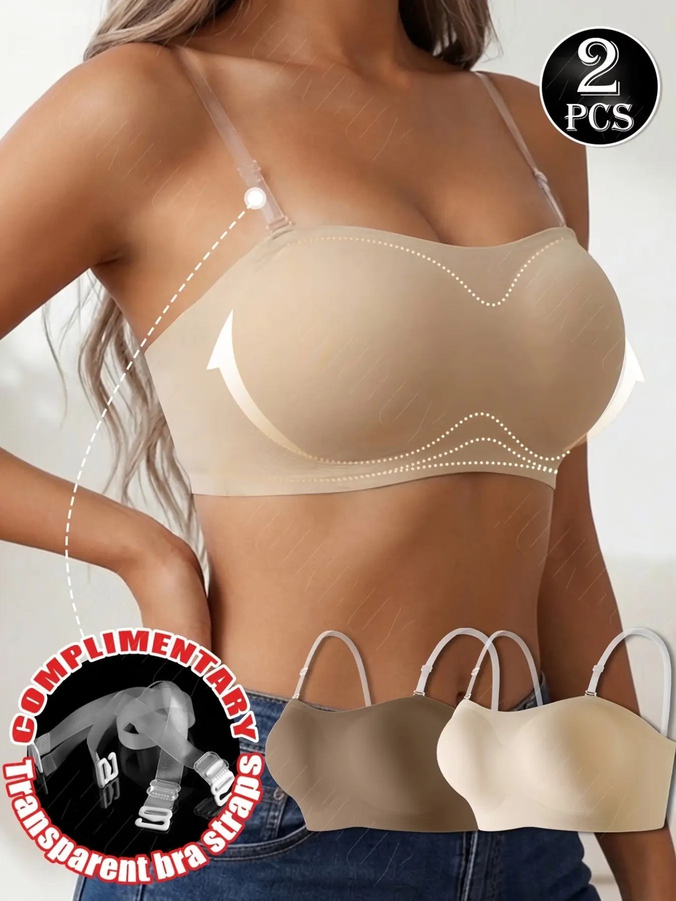 2-Pack Seamless Strapless Lady Lingerie, Comfortable Non-Slip No Underwire Bra, Elegant Back Design, Summer New Style, Medium Support, Fit, Transparent Straps Included, Seamless Everyday Bra