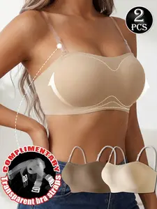 2-Pack Seamless Strapless Lingerie, Comfortable Non-Slip Bra, Elegant Back Design, Summer New Style, Medium Support, Transparent Straps Included