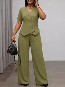 Women's Casual Suit Set, Asymmetrical Top, High Waist Loose-Fit Pants, Short Sleeve, Plain Pattern, Ideal for Daily Wear