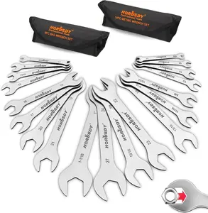 Thin Open End Wrench Set, Bike Wrench Set with Rolling Pouch, 19-Piece SAE & Metric, Stainless Steel, 1/4" to 1-1/16" & 5.5mm to 27mm for Mechanics, Gift, Spring Glow Up Tool Set Hand Tool Set