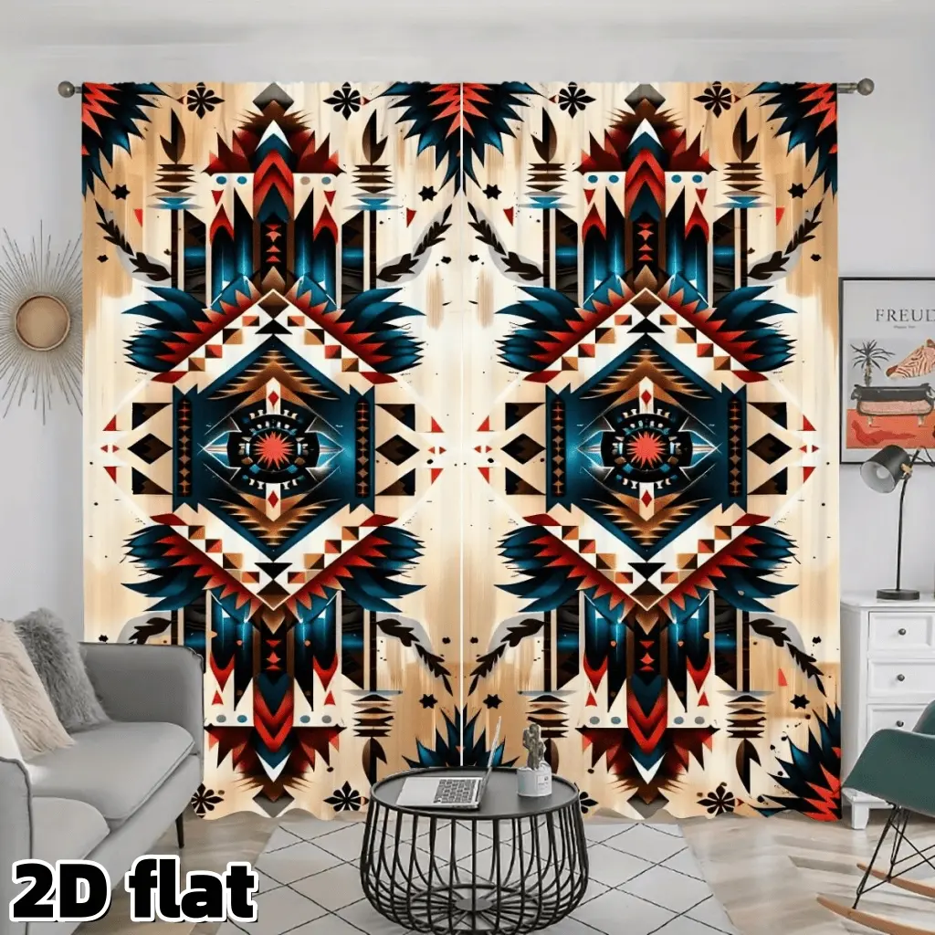 2D Flat 2Pcs Bohemian Aztec Pattern Curtains Southwest Native American Design Rod Pocket Semi Sheer Polyester Drapes Living Room Bedroom Balcony Kitchen Window Treatment Home Decor Privacy Protection Home Decorative Curtain