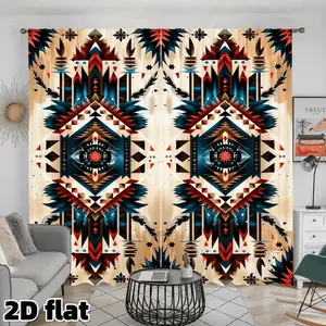 2D Flat 2Pcs Bohemian Aztec Pattern Curtains Southwest Native American Design Rod Pocket Semi Sheer Polyester Drapes Living Room Bedroom Balcony Kitchen Window Treatment Home Decor Privacy Protection Home Decoration Curtain
