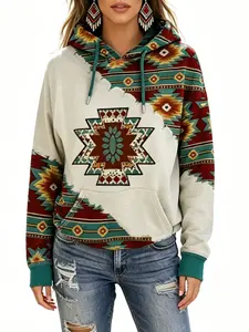 Women's Tribal Geometric Hoodie - Colorful Aztec Star, Southwestern Color-Block Style, Comfortable Baggy Oversize Loose-Fit Pullover Sweatshirt for Country Concerts & Everyday Wear