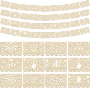 4-Pack Waterproof Plastic Cactus & Floral Papel Picado Banner Garland, Mexican Cielito Lindo Party Decor for Cinco De Mayo, Day of The Dead (Light Brown)