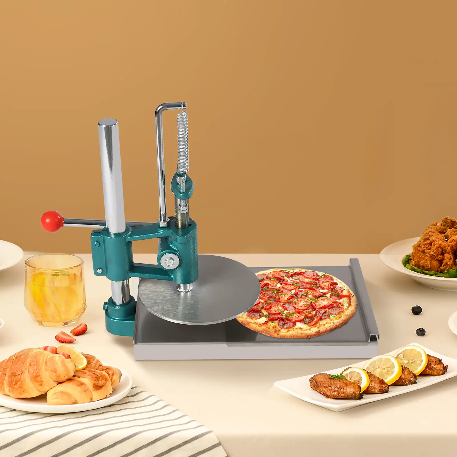 CNCEST Manual Lever Dough Press Utensils - 7.9 in Hand Operated Pizza Maker, 304 Stainless Steel Dual Plates, 0.2-1.4 in Adjustable Height, Green & Silver, Effortless Clean, Efficient & Labor-Saving, W/English Manual & Pulling Plate for Home Kitchen