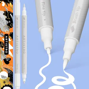 2 White Dual-Tip Acrylic Paint Pens - Multisurface Markers for Glass, Rock, Fabric, Wood, Plastic & More - 1 mm Fine & Brush Tips