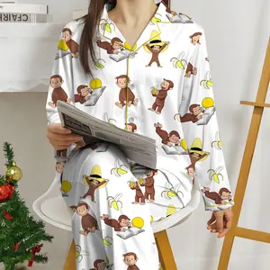 Women's Monkey Banana Print Pajama Set , Cute Monkey & Banana All-Over Print Lapel Collar Button-Front Shirt & Elastic Waist Pants, All-Season Sleepwear, Pajamas for -Like s, Themed Costume Party Outfit