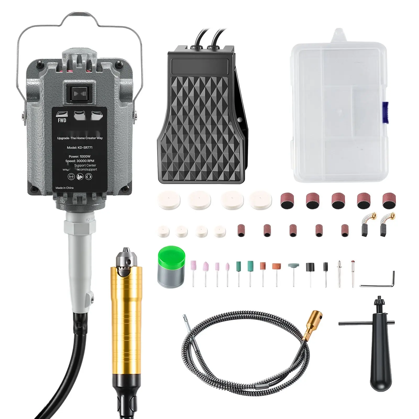 Flex Shaft Grinder, 1000W 30000RPM Electric Flex Shaft Rotary Tool With Foot-Pedal Control, Hanging Carver Grinder Kit, 74-Piece Accessory Set For Sanding, Buffing, Polishing, Cutting, Engraving and DIY Projects