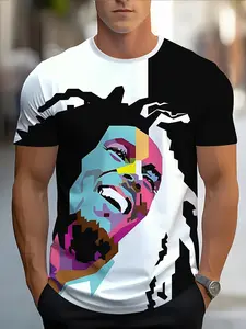 Lightweight Breathable Polyester Round Neck Short Sleeve, Casual Wear & All-Season Sports Top, Slim-Fitting Random Print