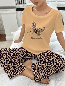 Women's Sleepwear Set, Heart Pattern Fitted Short Sleeve Long Pants, Casual Fall & Winter Pajamas, Comfortable Nightwear Butterfly, Loungewear