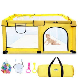 B22 Playpen + 2pull Rings+ 50pcs Ocean Balls+ 1sports Basket Loop; Playpen for Babies, Toddlers, Kid. Large Playpen for Toddlers 51”x51”, Sturdy, Safe, Portable Play Yard Indoor & Outdoor, Yellow