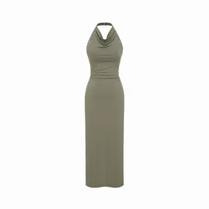 Cider Halter Neckline Rivet Split Ruched Straight Maxi Dress SwimWeek
