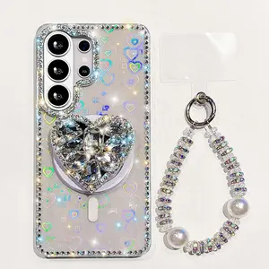 A sparkling diamond heart-shaped lollipop decoration, sweet and cool spicy girl elements, blingbling style phone case suitable for Galaxy S25/S23/S24 S26 Plus/Ultra S25/S24FE anti drop protection, niche exquisite style Cover