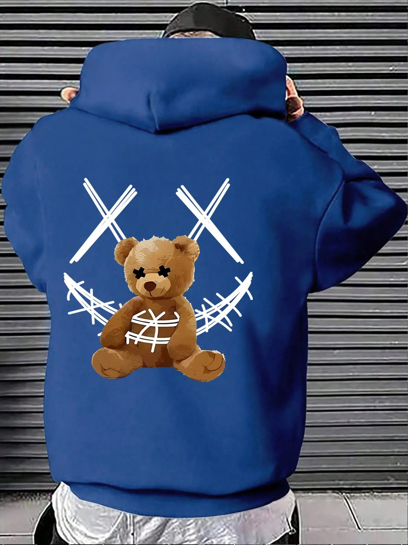 Men's Cartoon Bear Print Pocket Baggy Vintage Graphic Hoodies, Essential Drop Shoulder Hooded Sweatshirt, School Hoodies for Men Teens