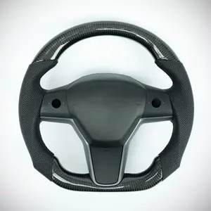 Tesla Model 3/Y carbon fiber cybertruck style steering wheel with red marker, red stiching on perforated leather