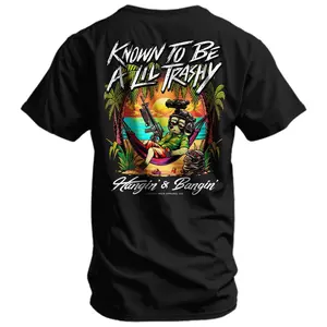 “Beach - Bum Monkey Mayhem: ‘Known To Be A Lil Trashy’ Hammock Chiller, Gun - Toting, Sunset Palms – Hilarious Rebel - Vibed Black Graphic Tee”