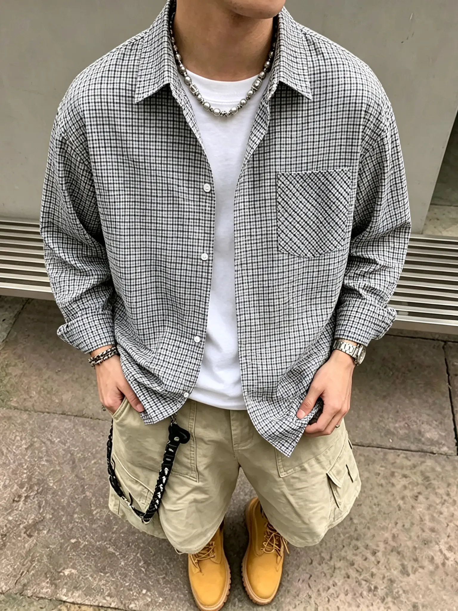 Men's Stylish Tiny Grid Plaid Long-Sleeve Button-Up Shirt - Light Green Micro Check Oversized Loose-Fit Collar Menswear Top with Chest Pocket, Soft Woven Casual Basics for Everyday Travel & Outdoor Wear