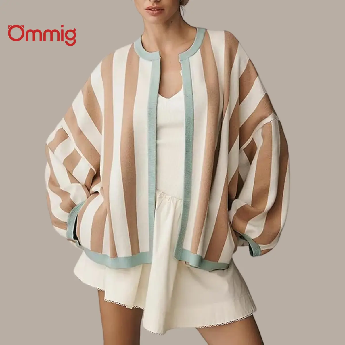 Ommig Women's Casual Chic Cowl Neck Striped Cardigan - Long Sleeve Open Front Loose Fit Knitwear Top