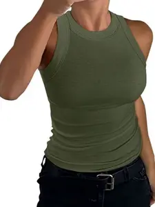 Women's Basic Crew High-Neck Sleeveless Casual Ribbed Soft Tank Top