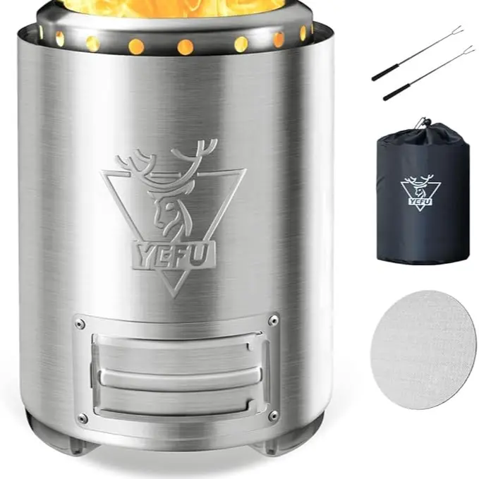 【Adjustable Flame & Low Smoke】YEFU Portable Fire Pit, 9.7x7.1" Tabletop Campfire Stove for Wood Pellets | Safe, Stable Design for Outdoor Patio & Camping | with Carry Bag, 2 Roasting Sticks (Silver) outdoor pit