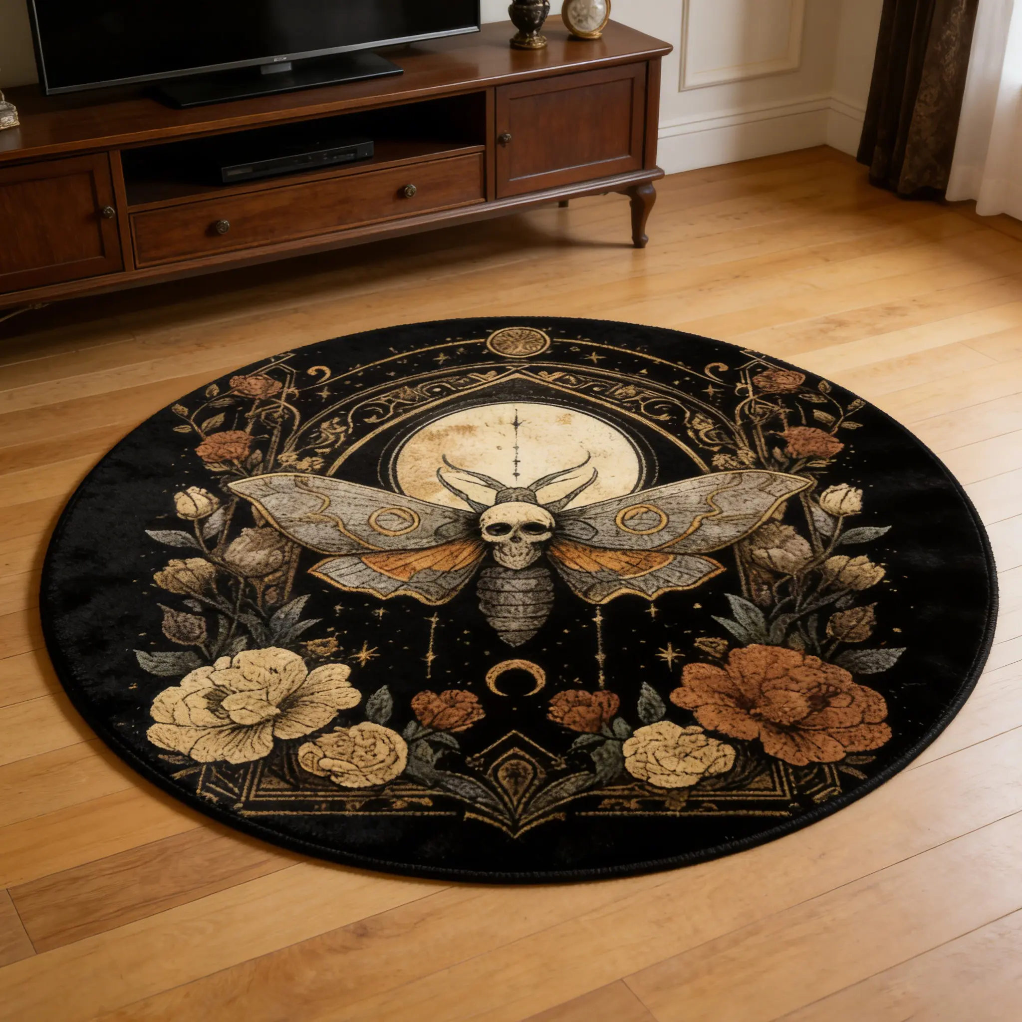 Vintage Gothic Skull Moth Rug, Soft Comfortable Round Carpet, Indoor Area Rugs, Home Decorative Rug, Ideal for Living Room Bedroom Bathroom Kitchen Corridor Home Decor