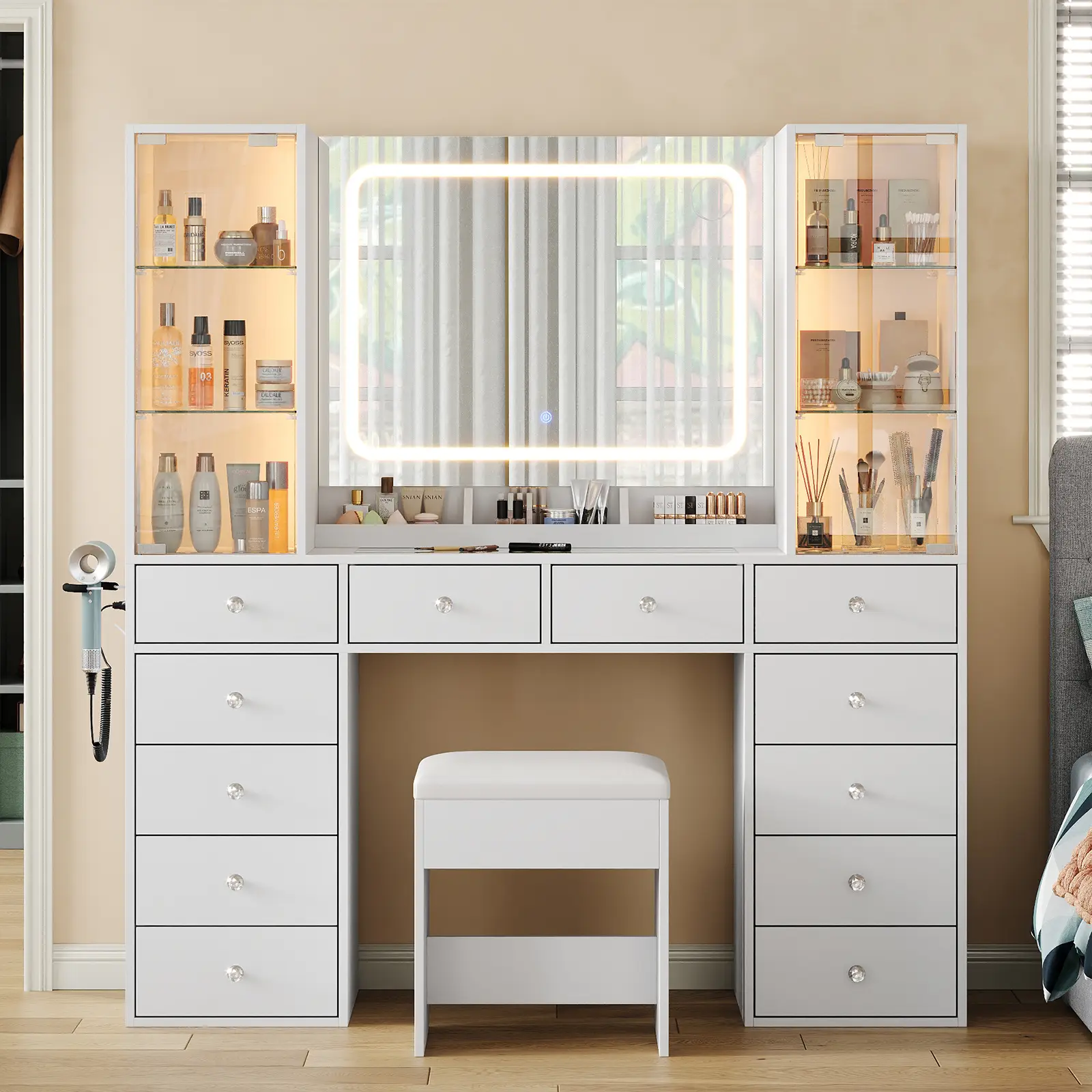 FUSOU 12 Drawers Makeup Vanity with Charging Station, Vanity Desk with LED Mirror & 2 Glass Cabinet, 3 Color Modes, Brightness Adjustable, Glass Top,