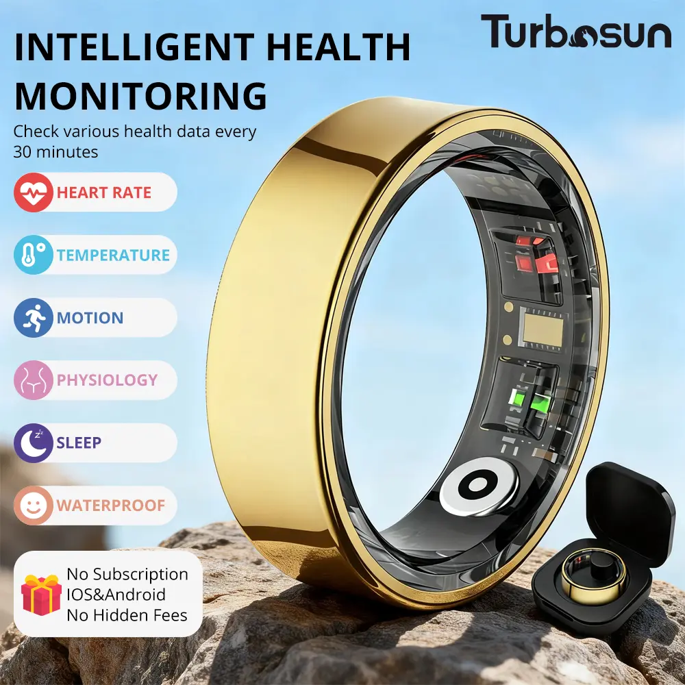 Turbosun Smart Ring-Temperature Monitor & Waterproof Fitness Tracker (5ATM) with Heart Rate, Blood Oxygen, Sleep, Stress & Menstrual Cycle Monitoring, No Subscription, Wireless Charging Box Included Digital COLMI R09 Hitienx Smart Ring 3