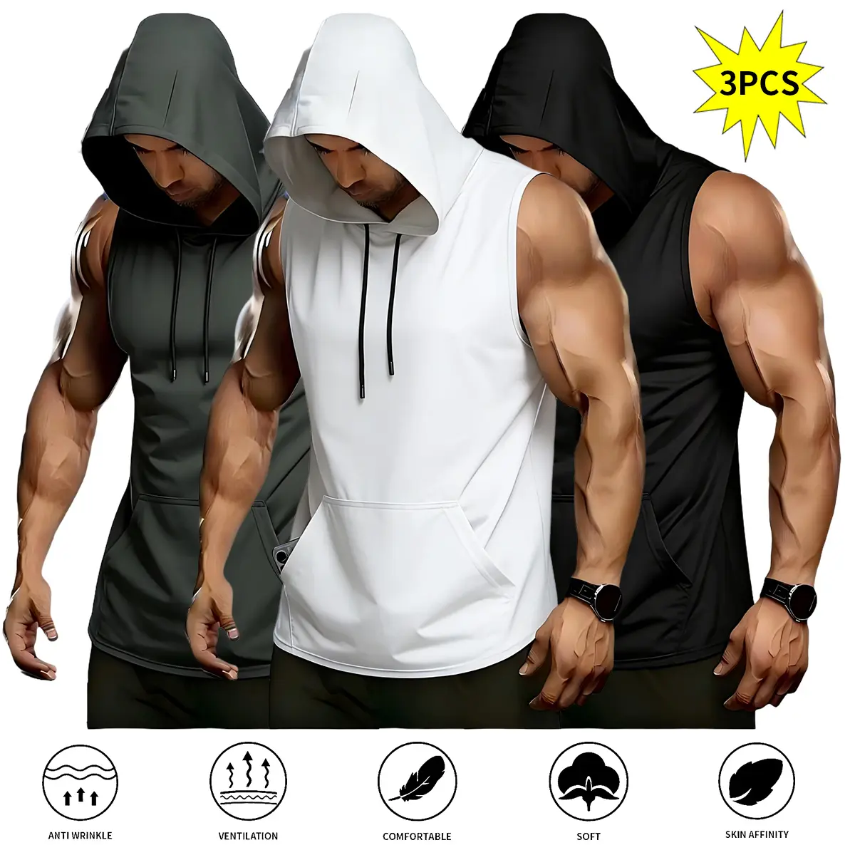 TOOTD Curated — Men’s Workout Tank Top 3-Pack Sleeveless Running Shirts with Hoodies Sports Fitness Vests Sports Vests SpringStatements, men’s tops, stylish lightweight quick-dry, suitable for summer wear,travel essentials,camping essentials