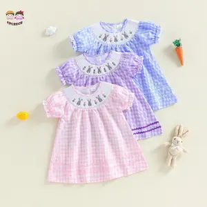 Easter Toddler Girls Dress Fashionable Short Sleeve Round Neck Rabbit Flower Embroidery Plaid Dress