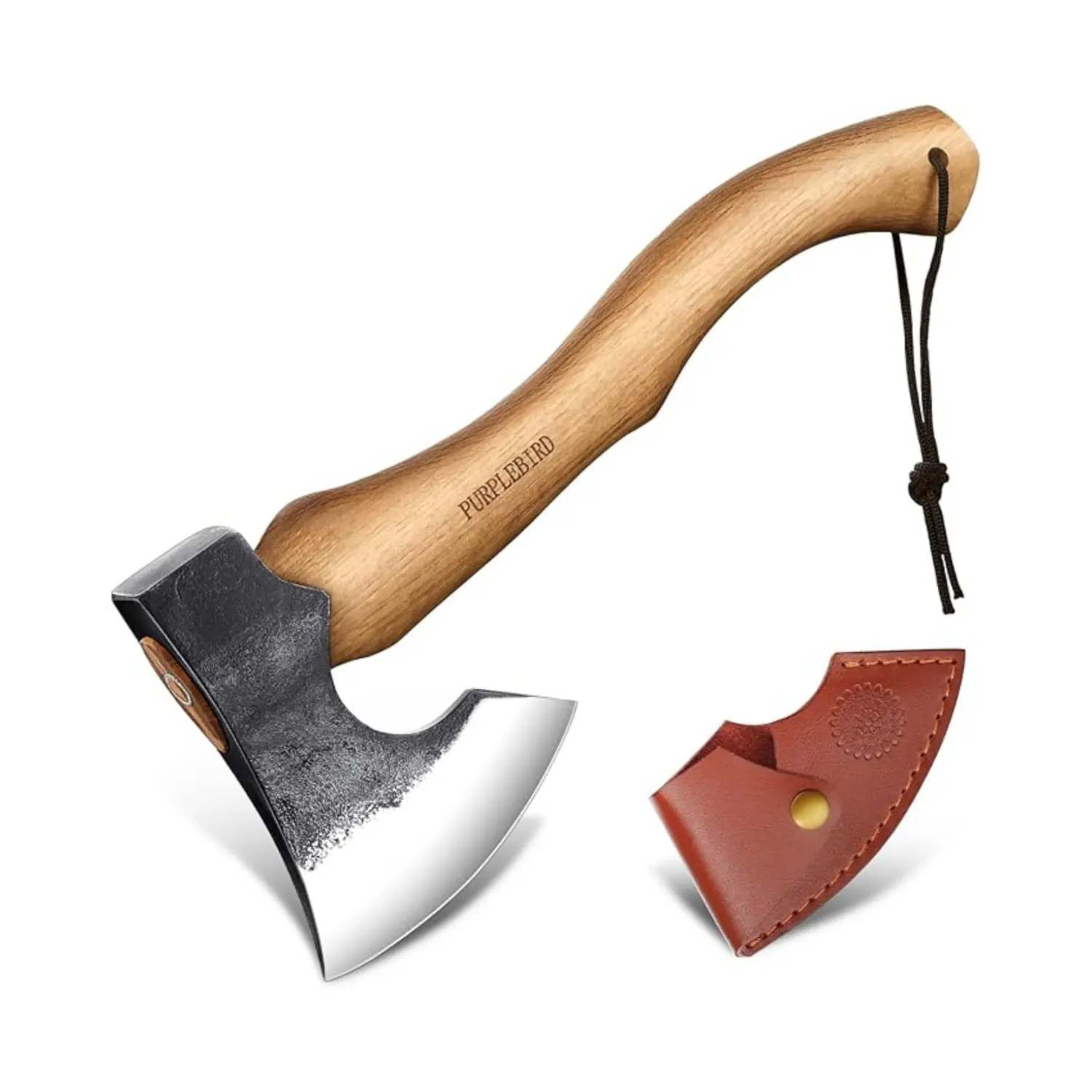 PURPLEBIRD 15 Inch Garden Axe with Sheath, Hand-Forged Hatchet Set Carbon Steel Yard Tool for Wood Processing and Kindling - Ergonomic Wood Handle Ideal for Garden Maintenance and Firewood Preparation