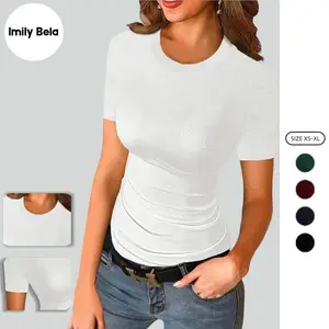 Imily Bela Womens Crewneck Short Sleeve Ribbed T-Shirt Slim Fit Tops Solid Basic Tee