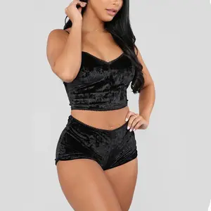 Women's Sexy Sleepwear Set Black Gold Velvet Two-Piece Set
